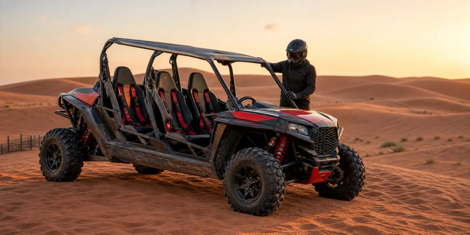 Four-seat family dune buggy parked on Lahbab red dunes in Dubai