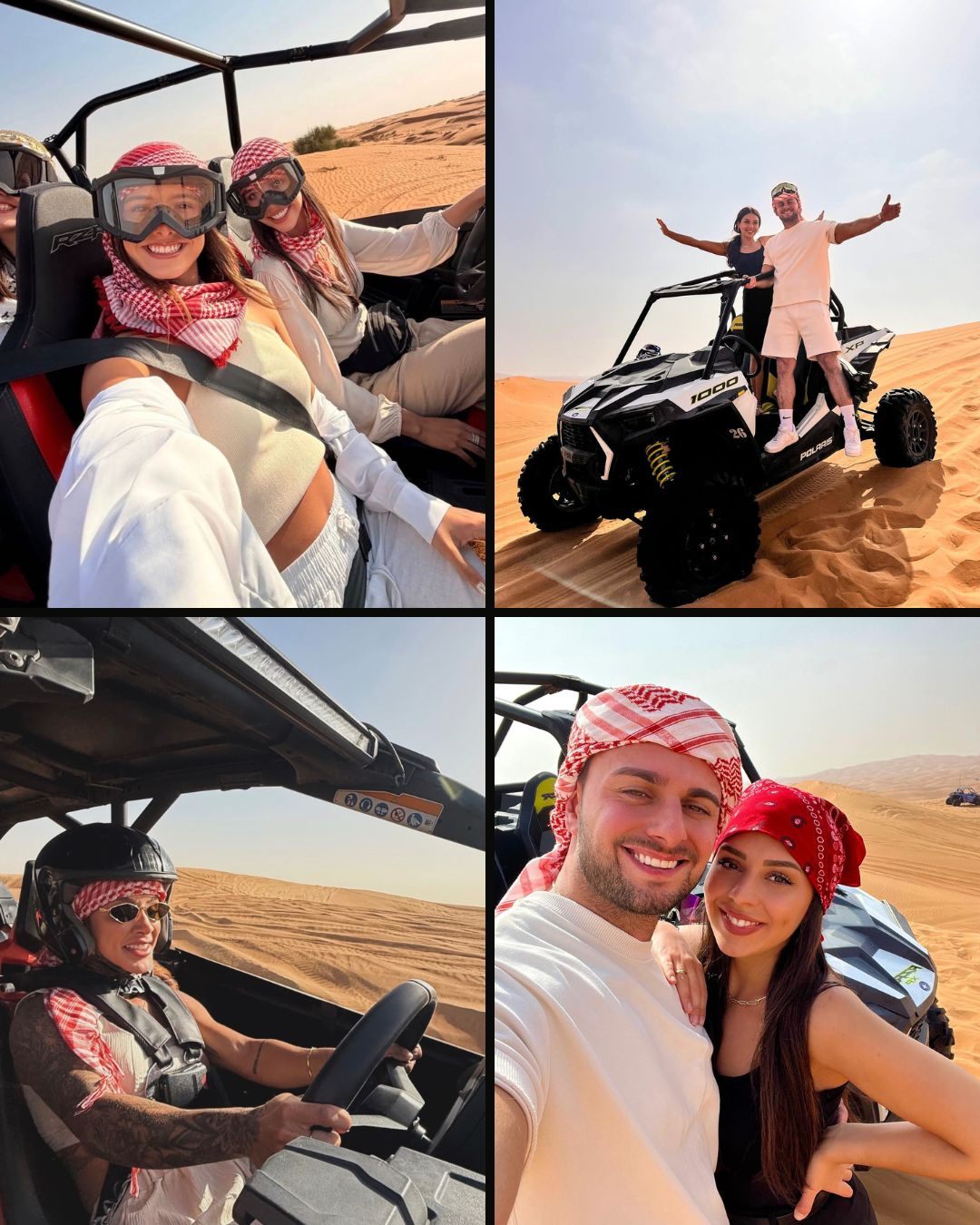 Convoy of three dune buggies kicking up red dust on a deep Lahbab Desert dune — 3-hour full-route tour Dubai