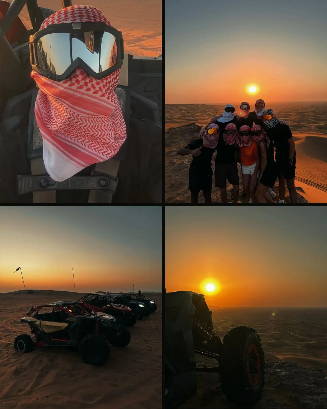 Dusk Dune Raid — Dubai Desert Sunset Dune Buggy Tour Dune buggy on a dune crest at deep orange sunset with dust haze — dusk tour Dubai