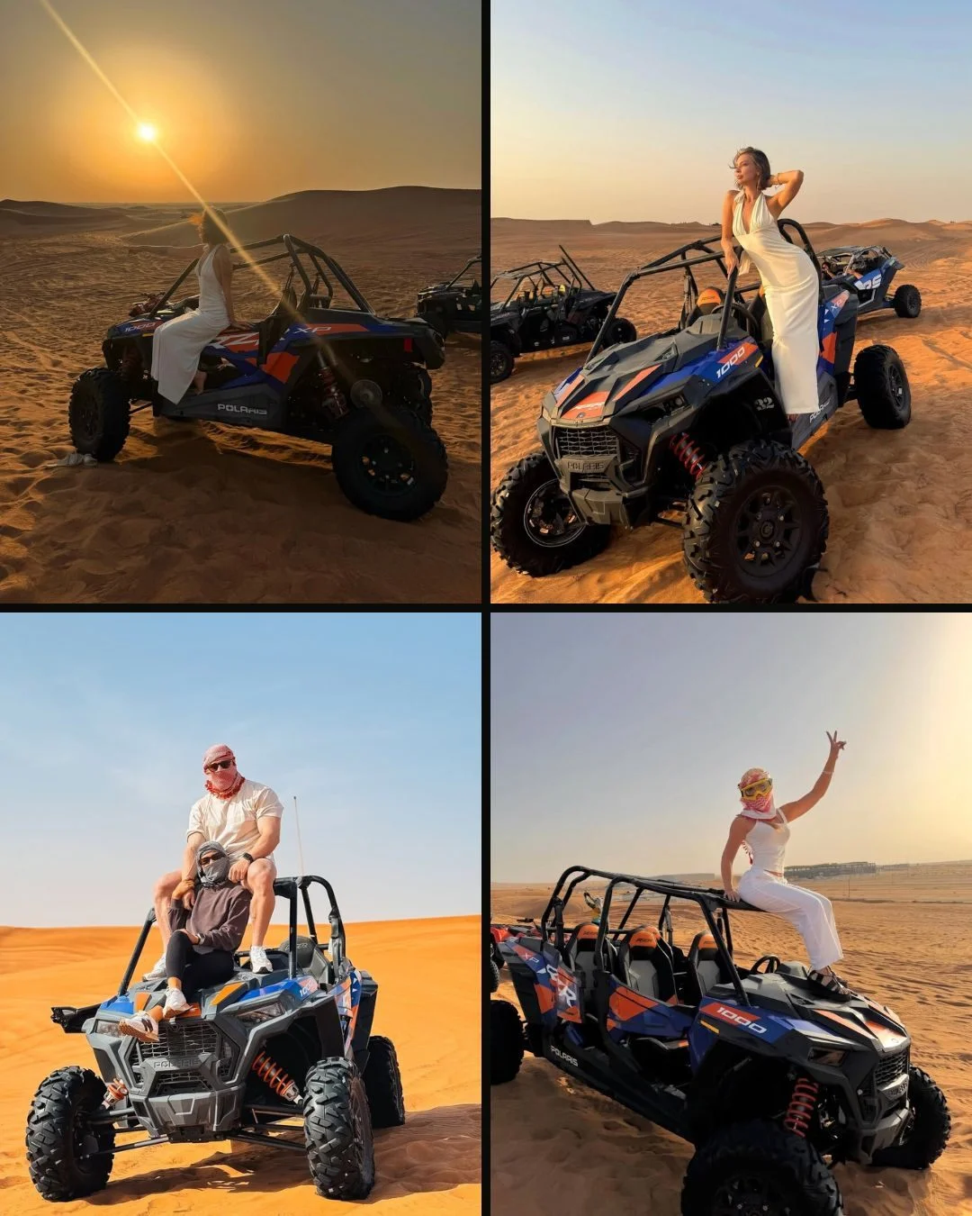 Dune buggy silhouetted against a pink dawn sky with sand spray catching first light — golden-hour tour Dubai