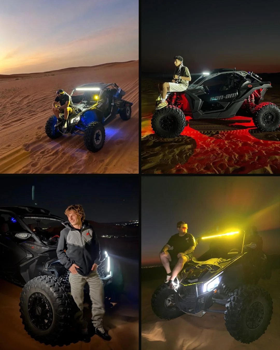 LED-lit Can-Am X3 dune buggy at night in the Dubai desert under a star-filled sky