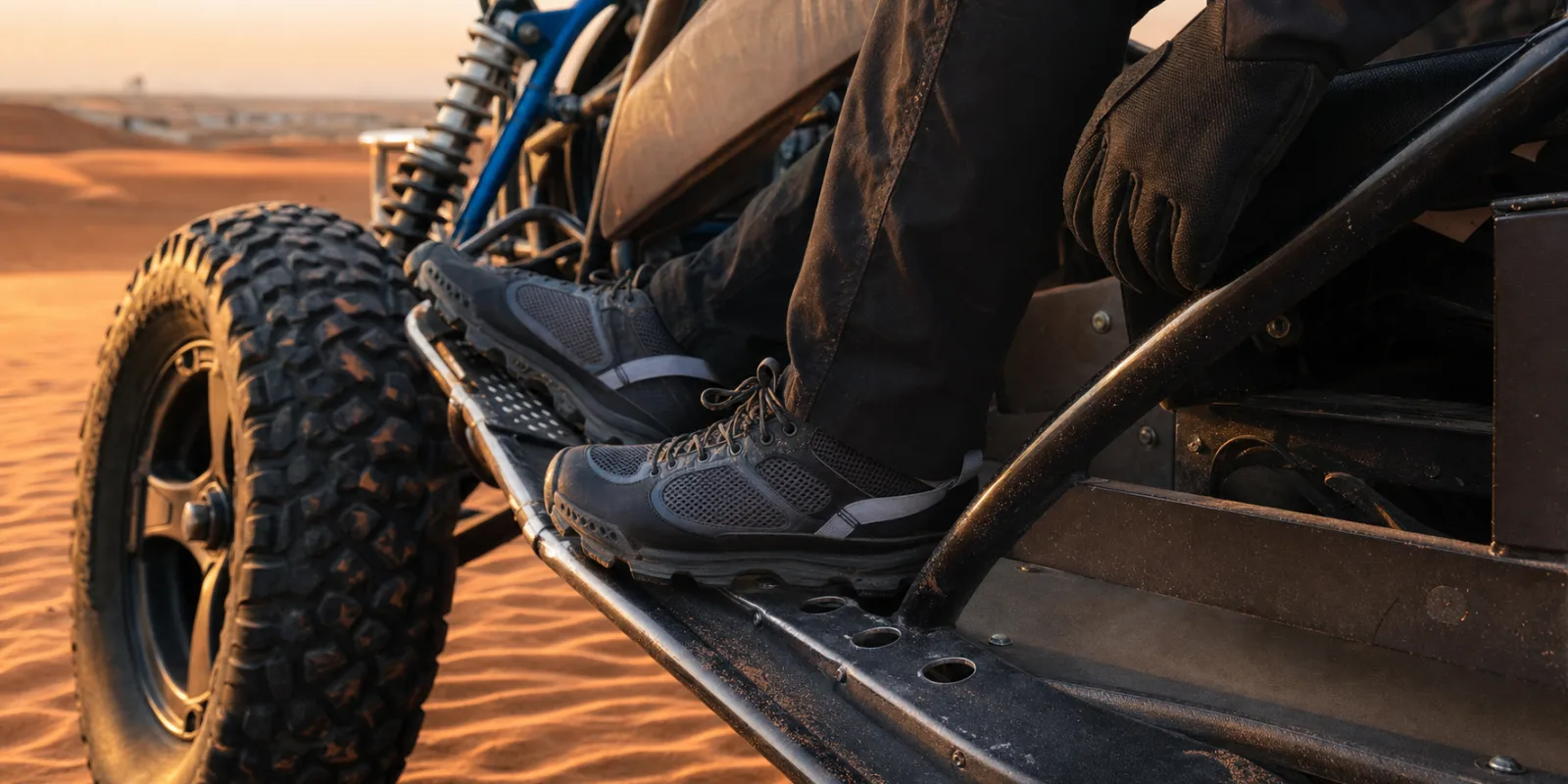 Closed-toe shoes beside a dune buggy pedal area before a Dubai desert ride