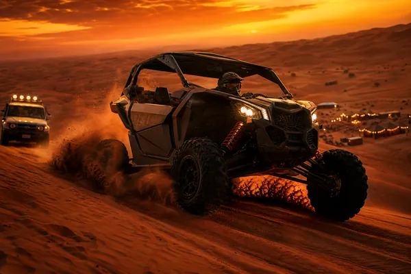 Dune buggy throwing sand on Lahbab red dunes during a desert safari combo