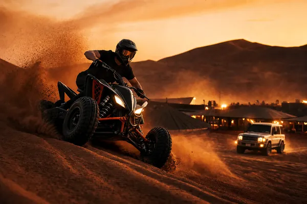SAFARI + QUAD BIKE Quad bike rider crossing Lahbab red dunes before an evening desert safari camp