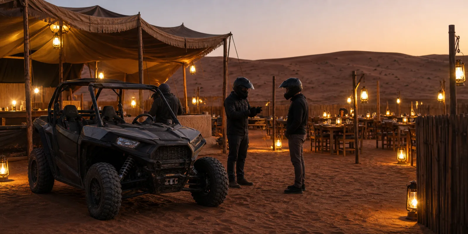 Dune buggy parked beside a Dubai BBQ dinner desert safari camp at dusk