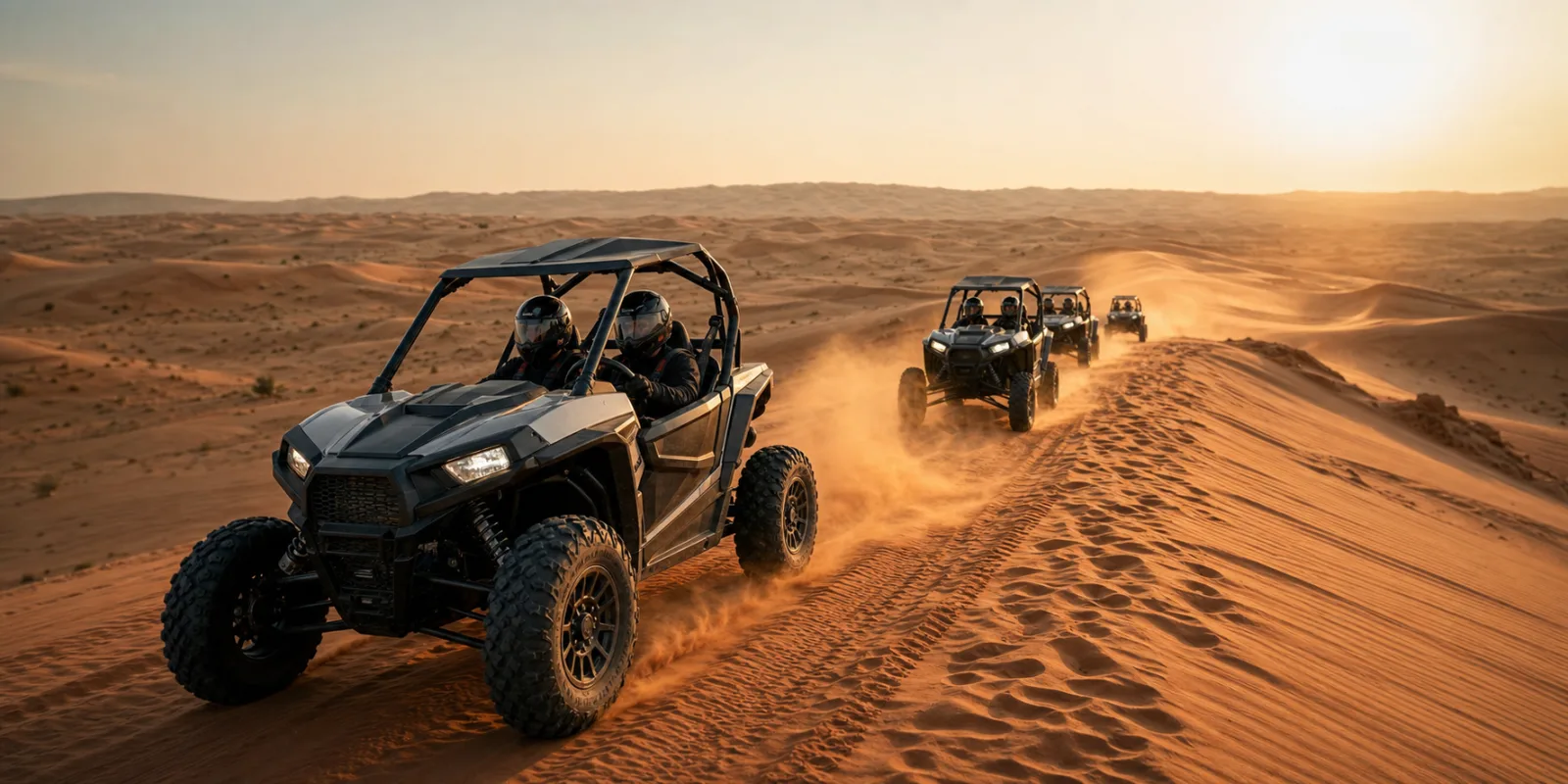 LAHBAB DESERT RED DUNES Dune buggy convoy crossing Lahbab red dunes at golden hour near Dubai