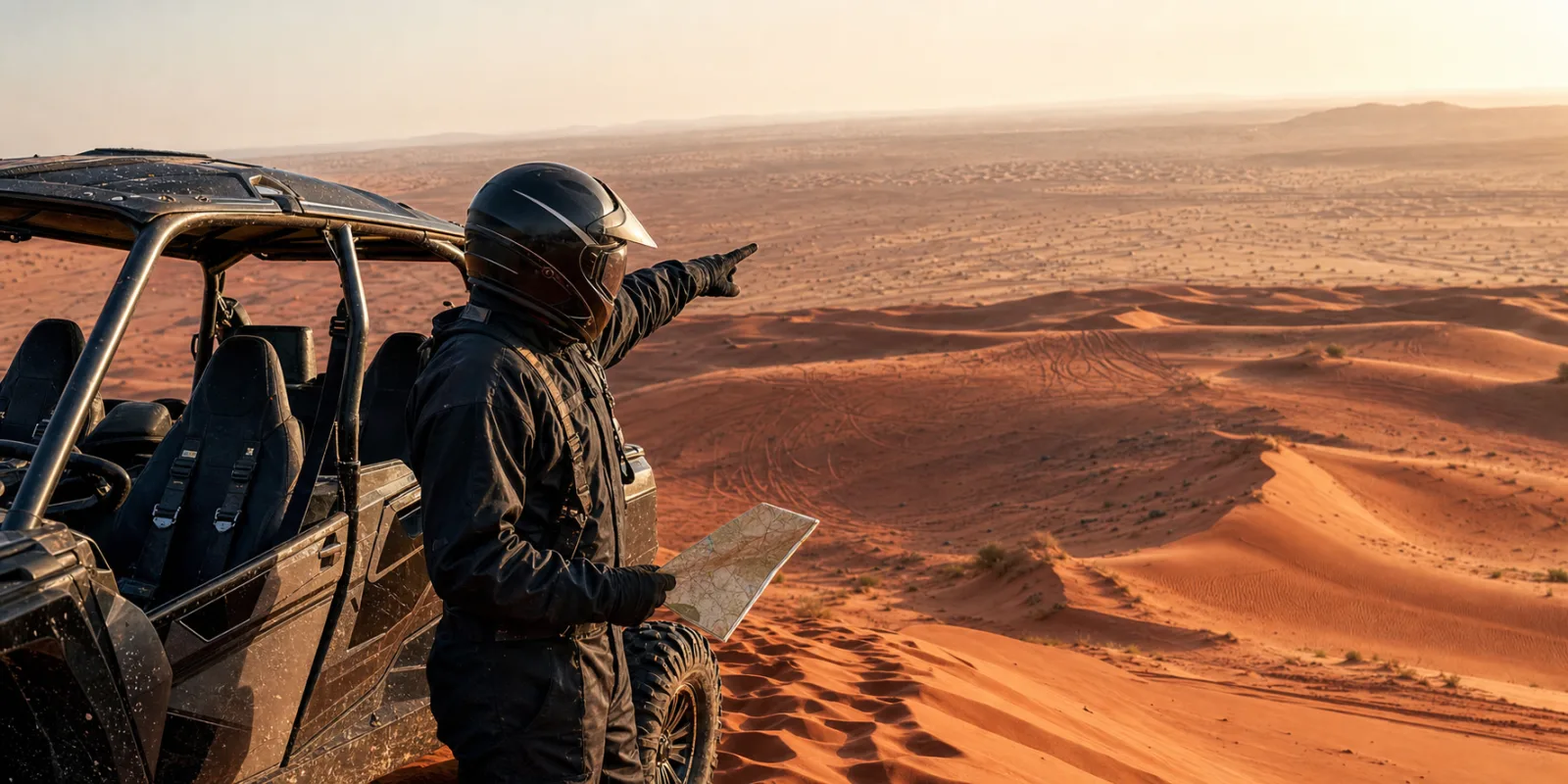 Dubai desert safari location map style view showing Lahbab red dunes and guided route planning