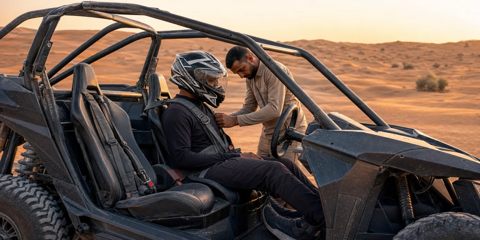 Guide checking dune buggy harness fit before explaining age and weight rules in Dubai