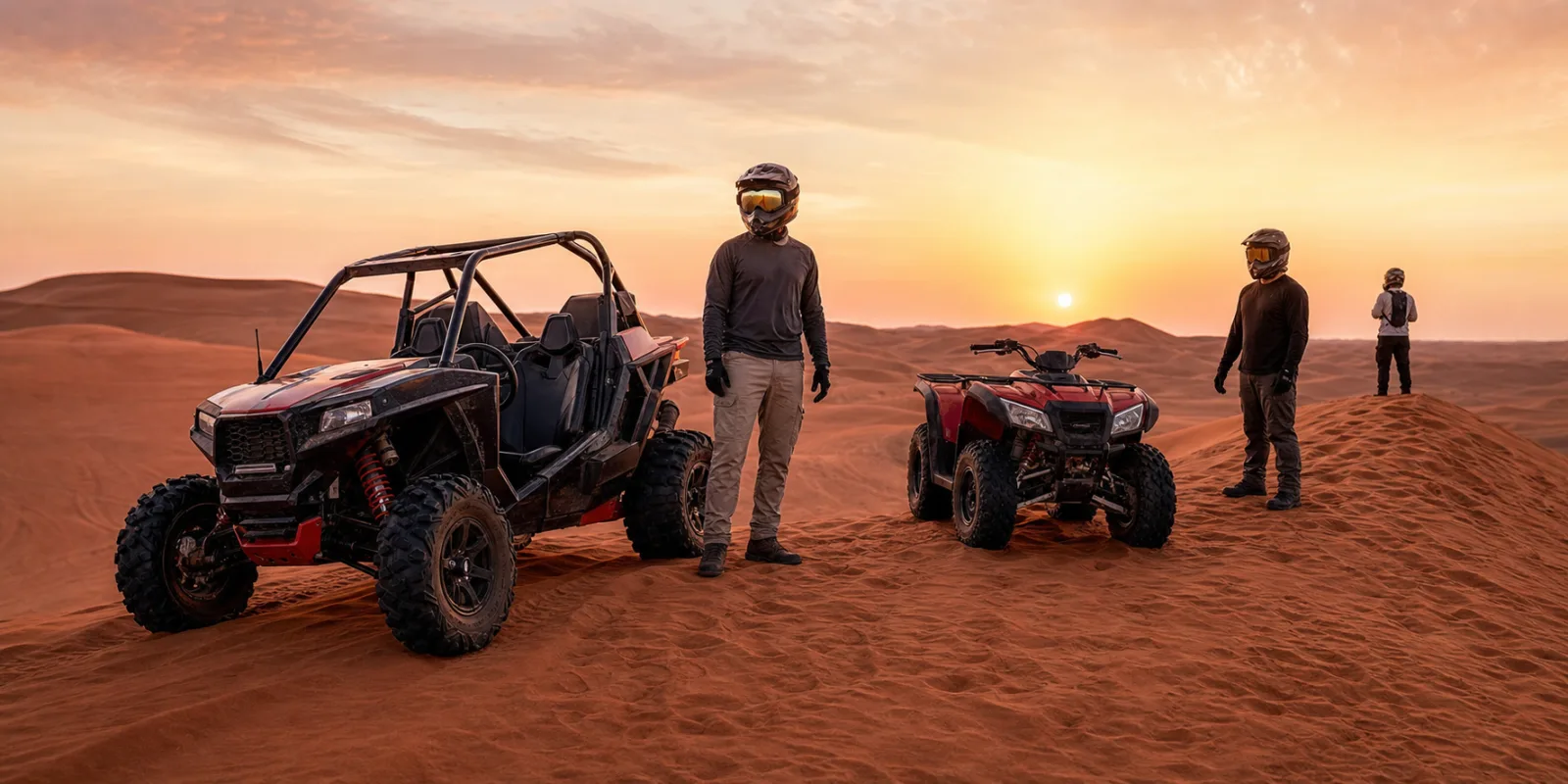 Dune buggy and quad bike combo ride staged on Lahbab red dunes near Dubai at sunset