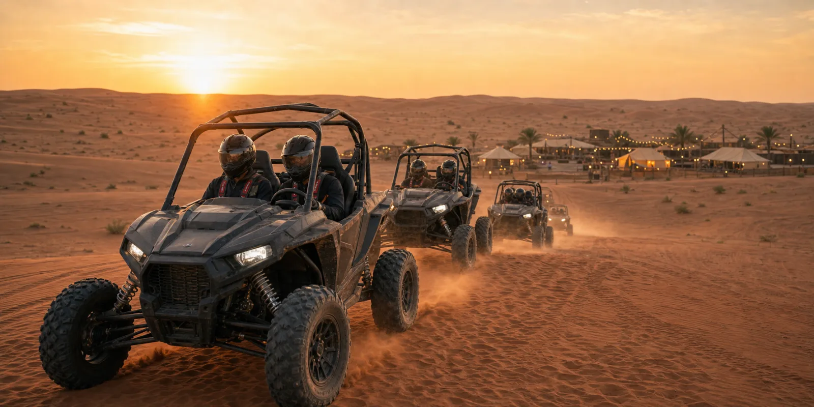 BUGGY + BBQ DINNER COMBO Dune buggy desert safari Dubai convoy heading toward a BBQ dinner camp in Lahbab