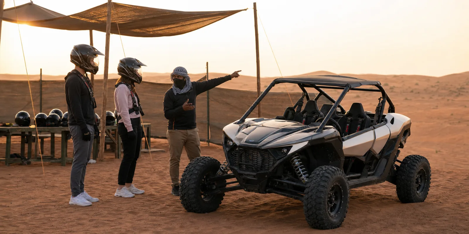Guide briefing helmeted riders beside a dune buggy before a Dubai desert safari combo