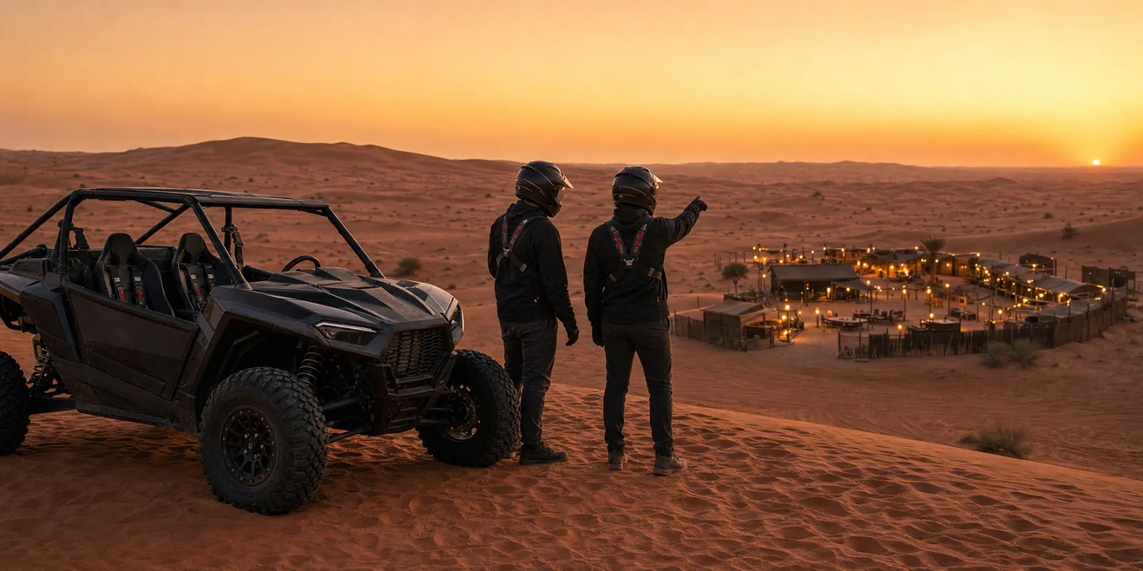 Helmeted riders beside a dune buggy at sunset before a Dubai desert safari BBQ camp
