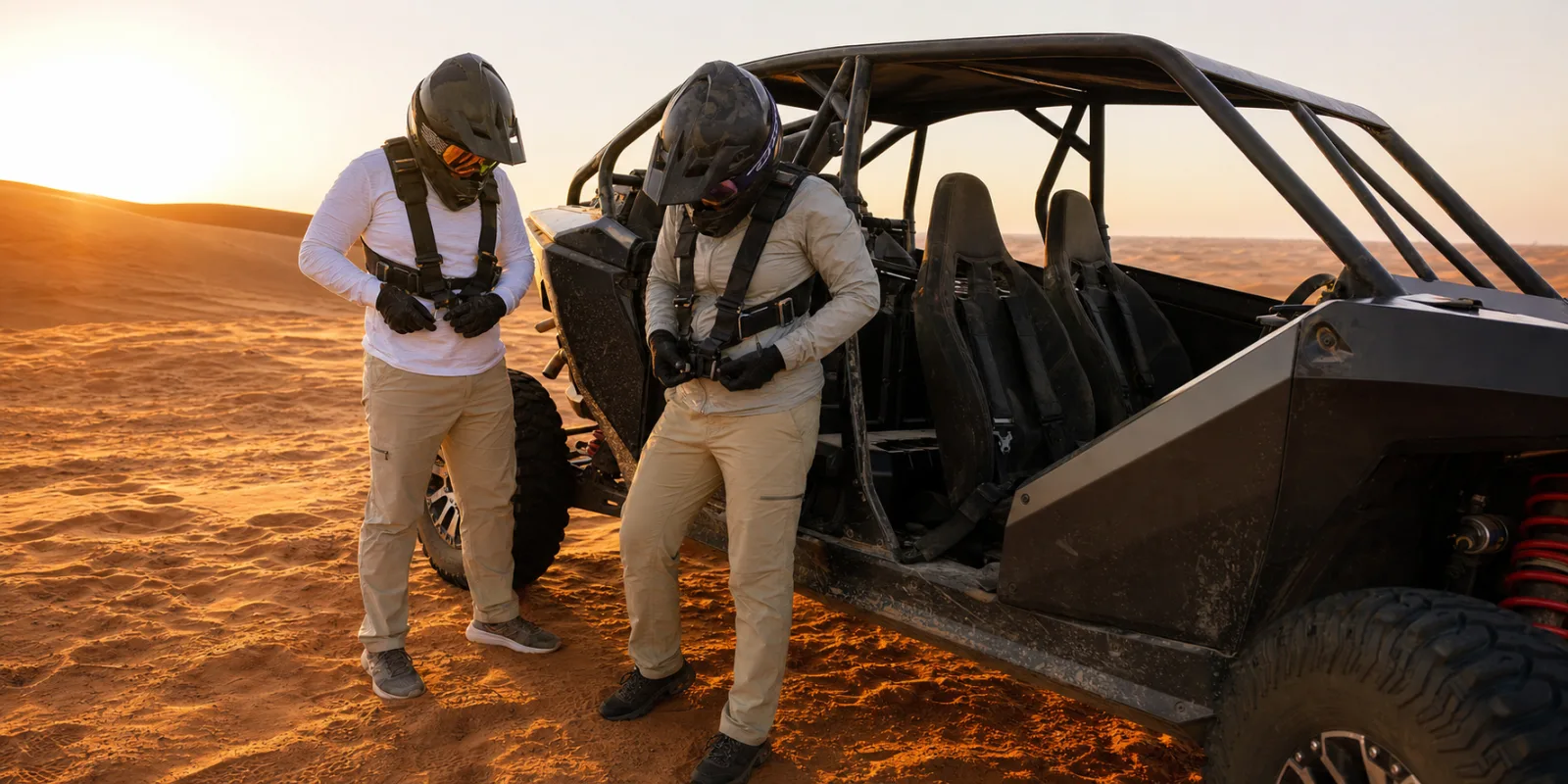 Dune buggy Dubai dress code with lightweight long sleeves and full-length trousers before a Lahbab ride