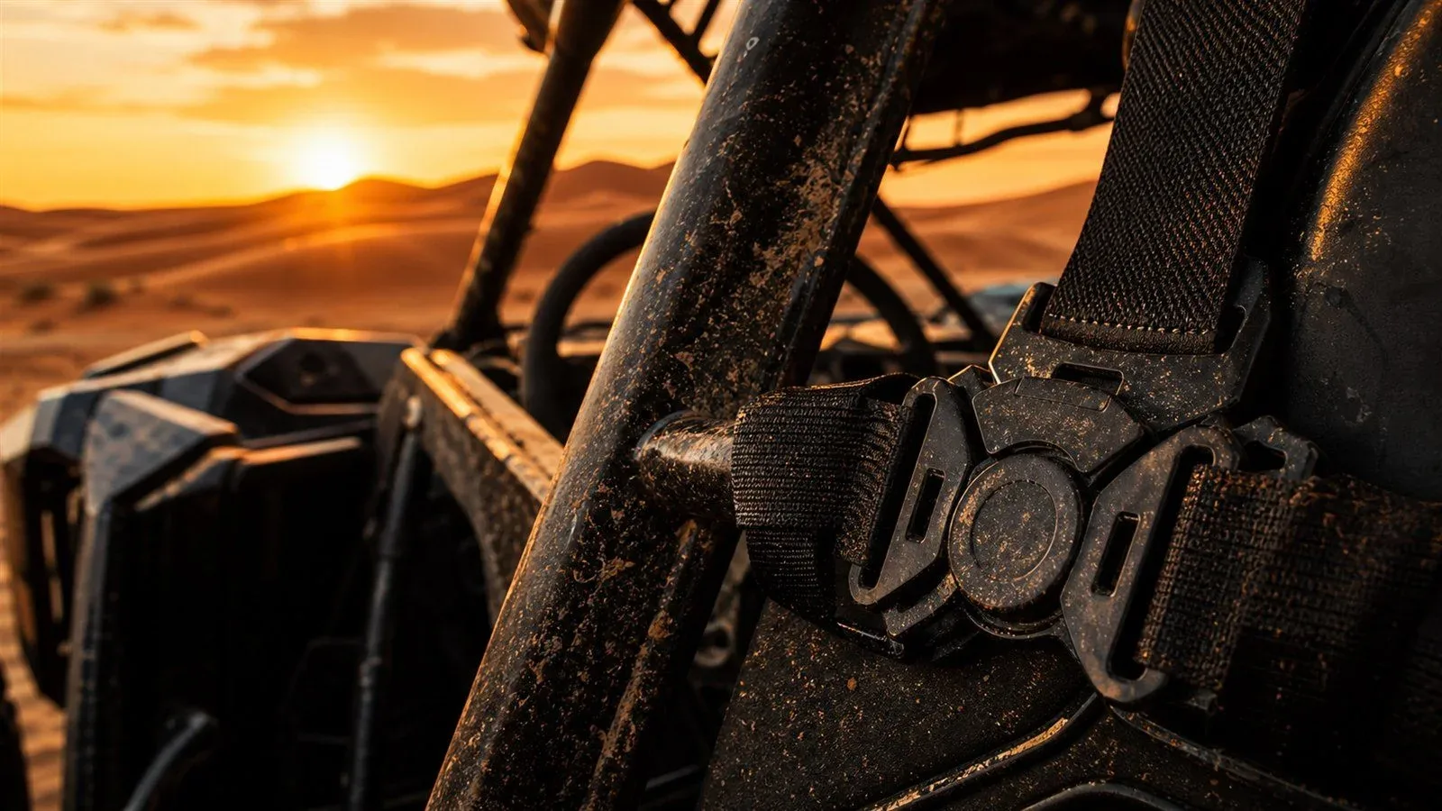 DUNE BUGGY DUBAI PRICE GUIDE 2026 Dune buggy Dubai price guide — roll cage and 4-point harness detail in golden Lahbab Desert light