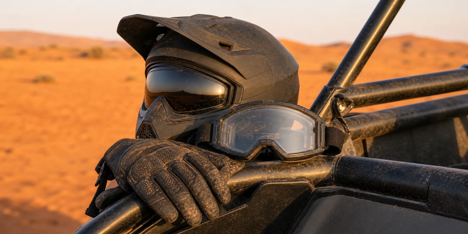 Dune buggy safety gear — helmet, goggles and gloves resting on the roll cage