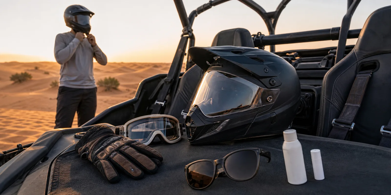 Helmet visor, goggles, gloves, sunscreen and sunglasses prepared for a dune buggy Dubai ride