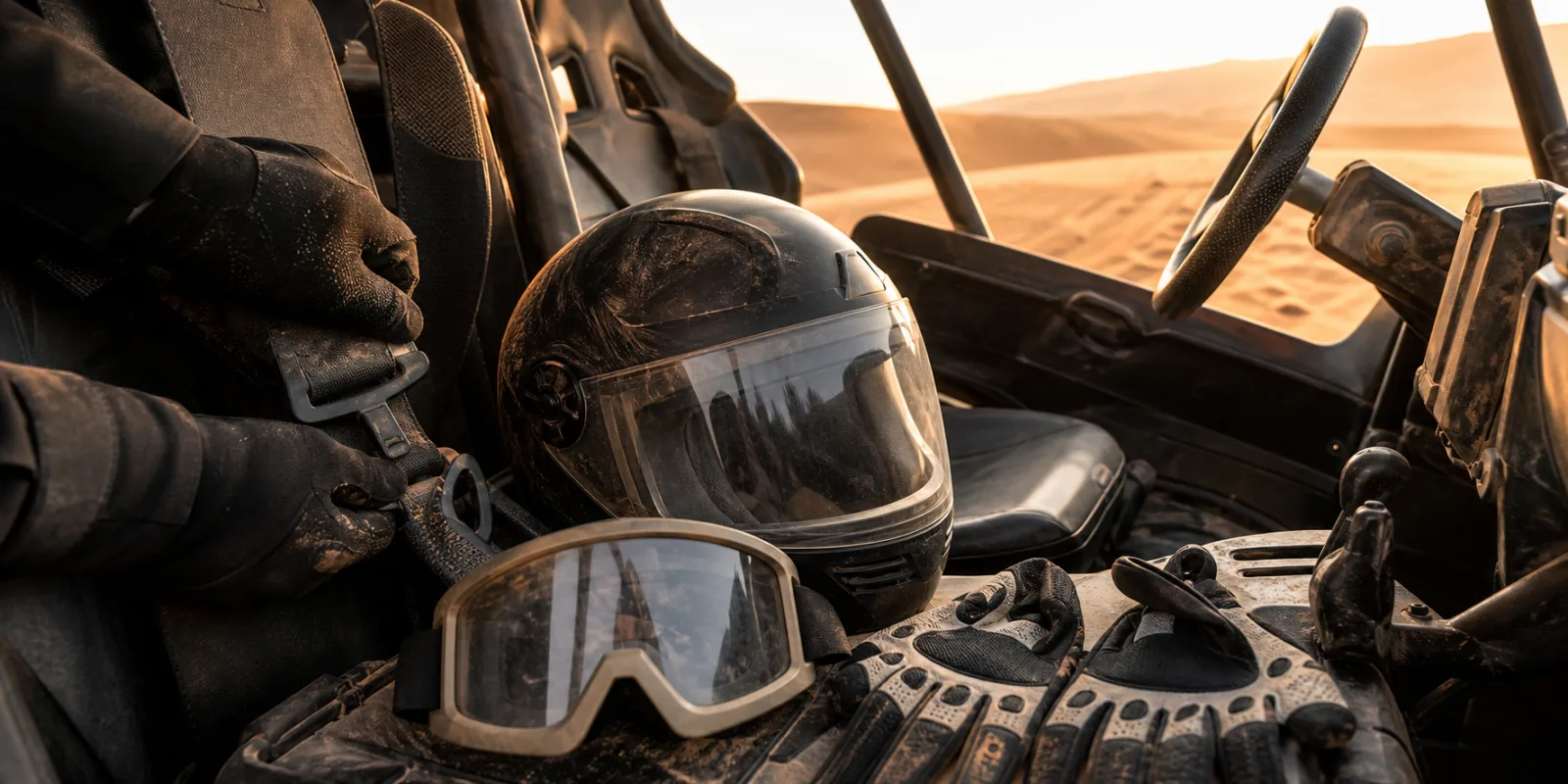 Helmet goggles gloves and harness gear for a safe dune buggy safari in Dubai