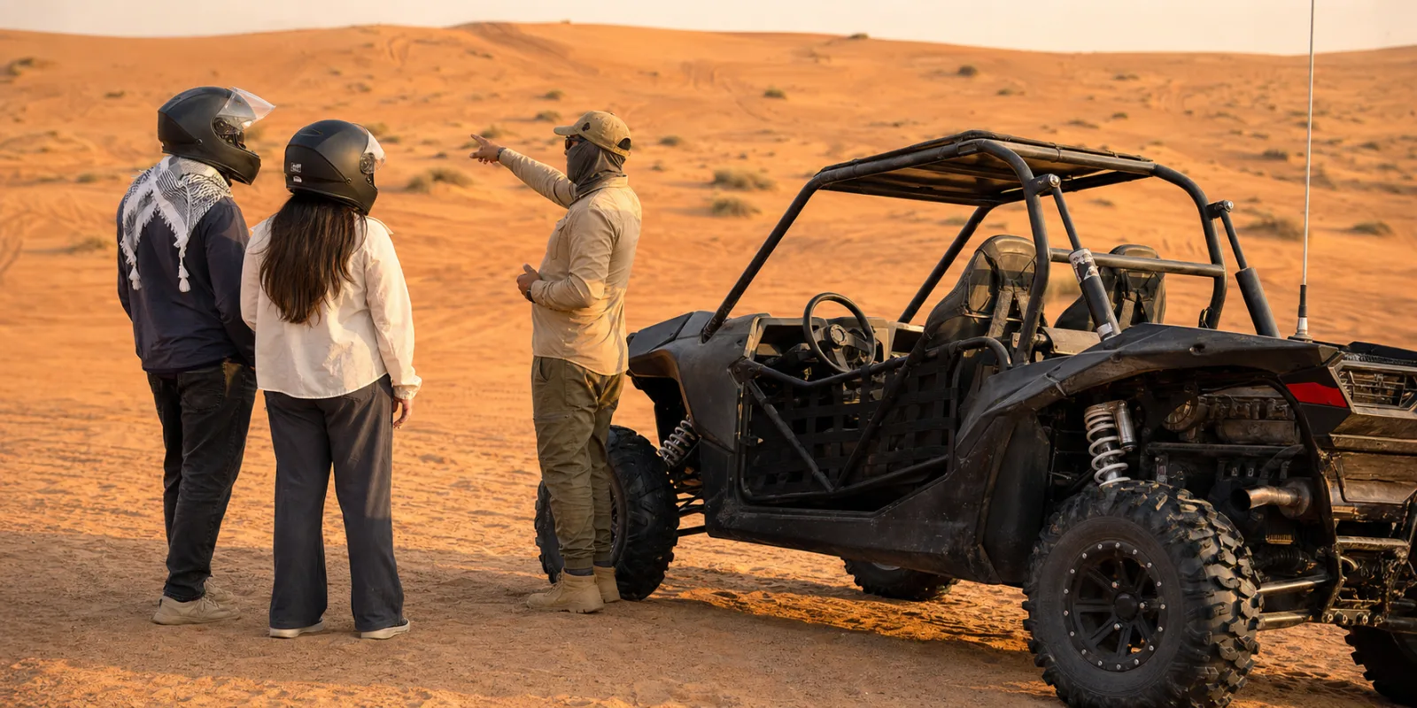 Dune buggy safari Dubai safety briefing beside a Polaris buggy in Lahbab desert