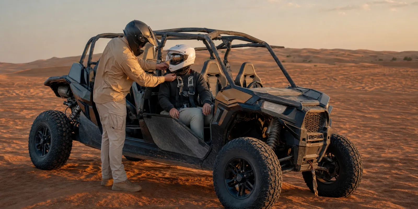 SAFETY GUIDE Guide checking helmet and harness beside a dune buggy safari Dubai buggy in Lahbab