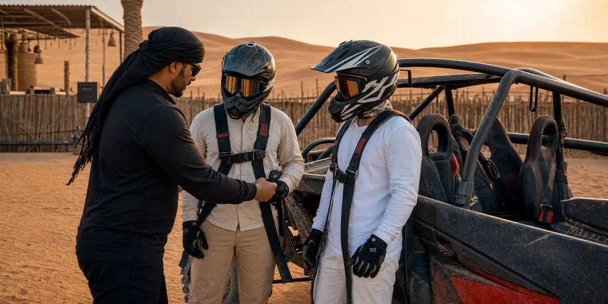Dune buggy safety briefing in Dubai with helmets harnesses and roll cage inspection