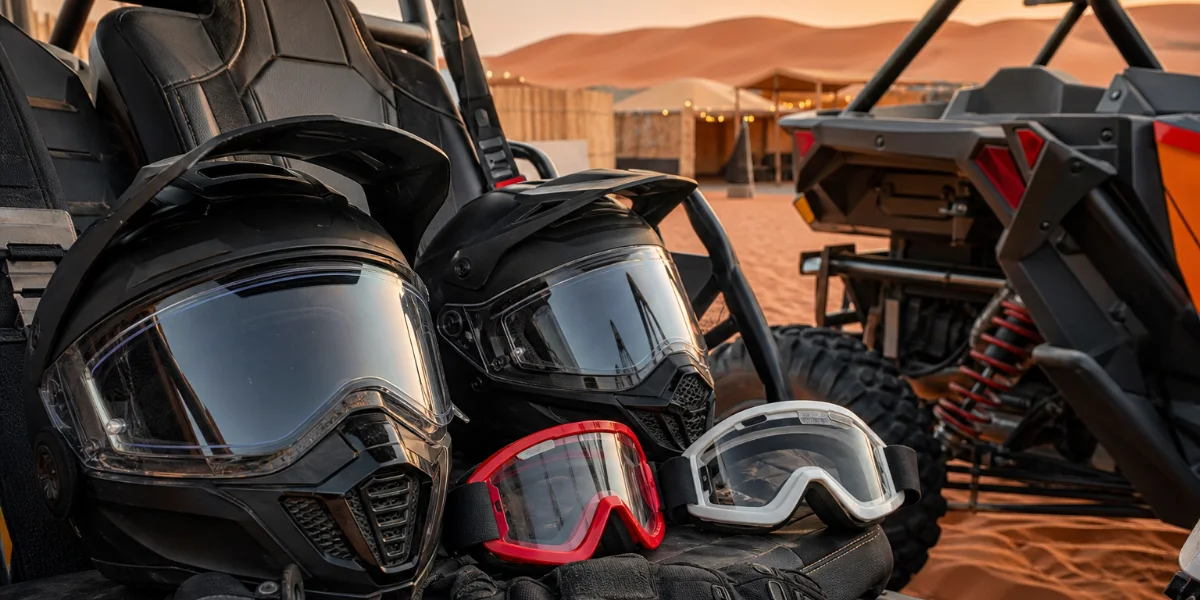 Helmet, goggles, gloves, and harness prepared beside Polaris and Can-Am dune buggies in Lahbab