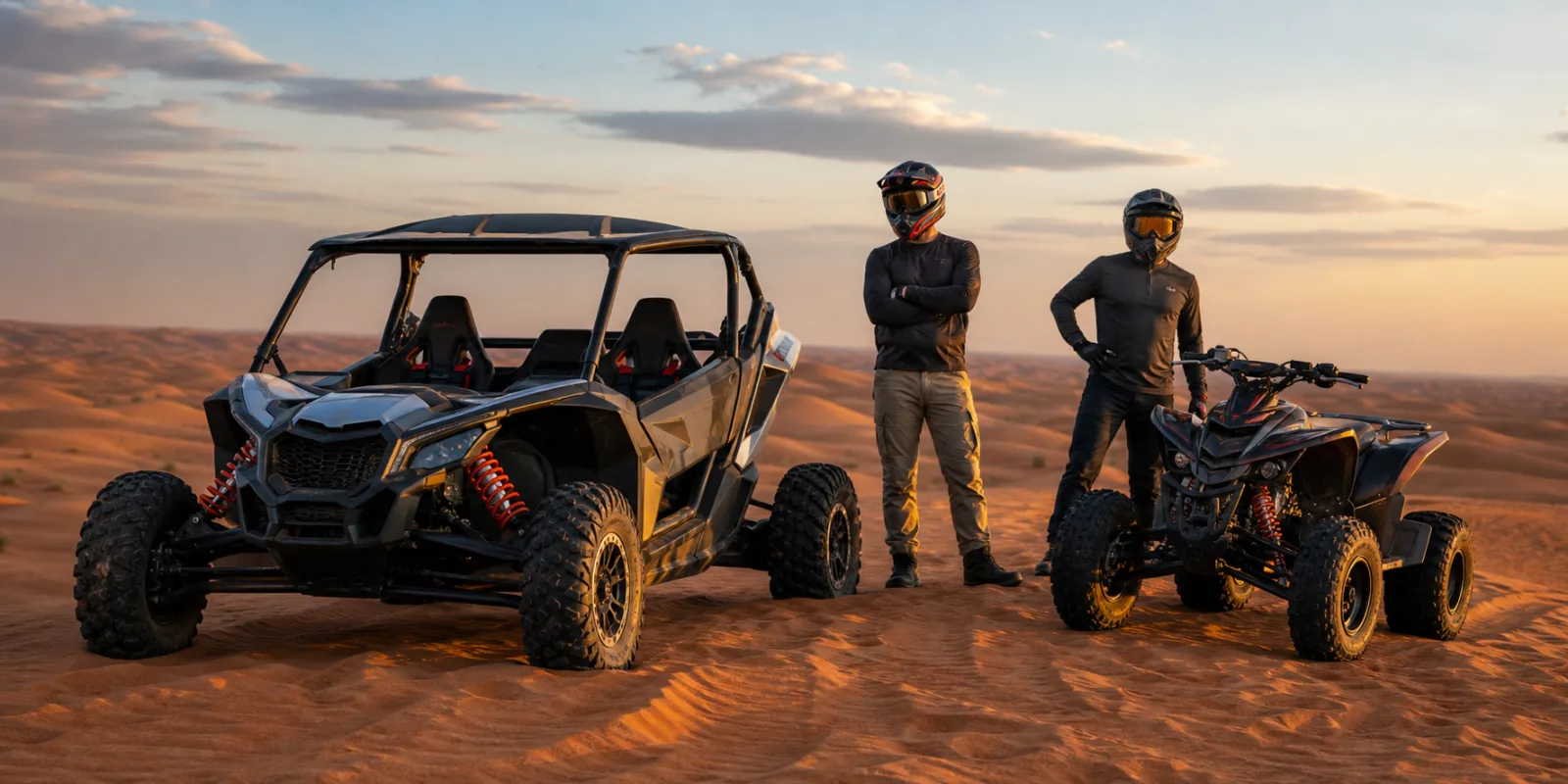 Dune buggy and quad bike parked side by side on Lahbab Desert red dunes in Dubai