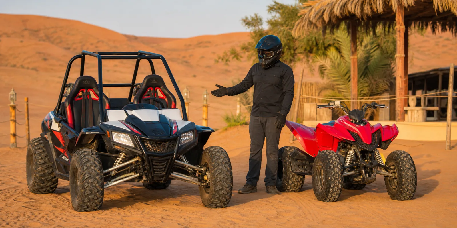 Dune buggy and quad bike lined up at Lahbab desert camp for Dubai price comparison