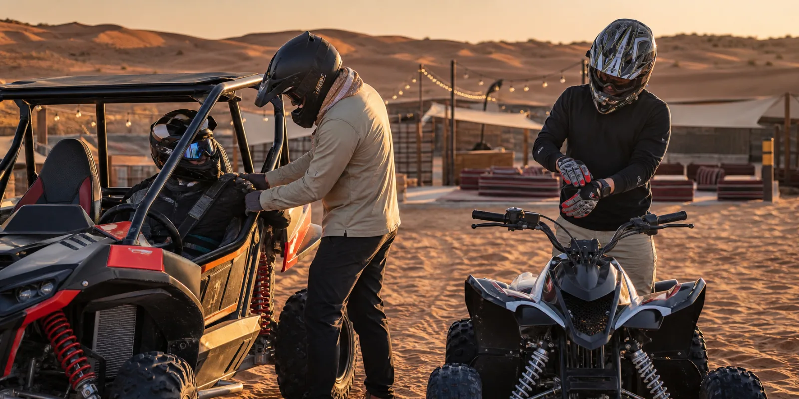 Helmeted riders comparing dune buggy harness and quad bike safety gear in Dubai desert