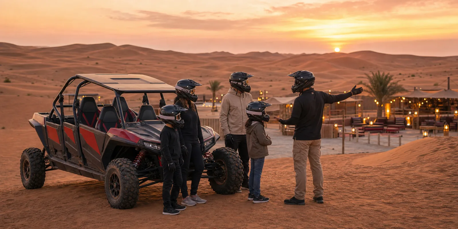 Family dune buggy near a desert safari camp in Lahbab Dubai at sunset