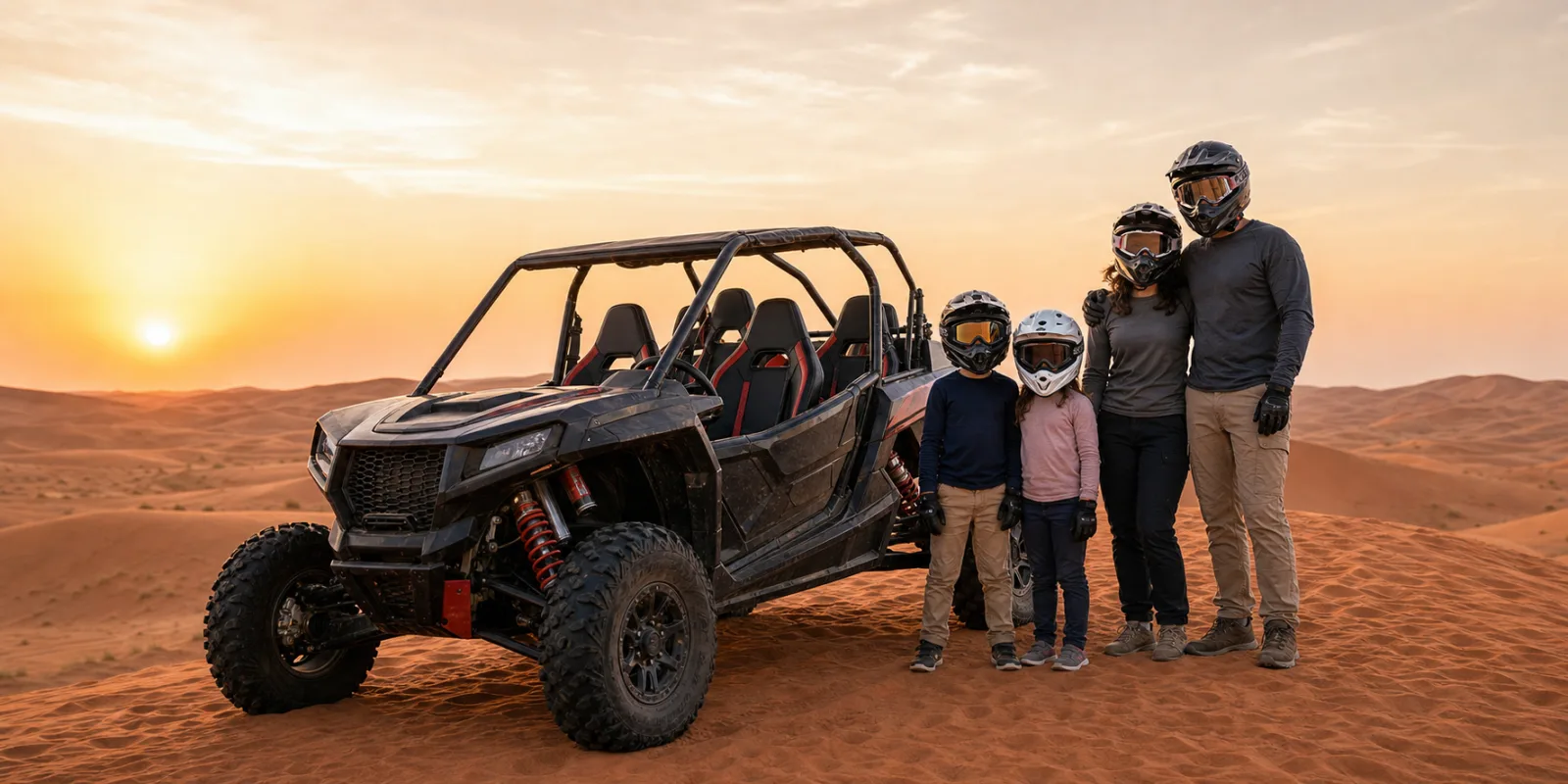 Family in a four-seat dune buggy on Lahbab Desert red dunes in Dubai