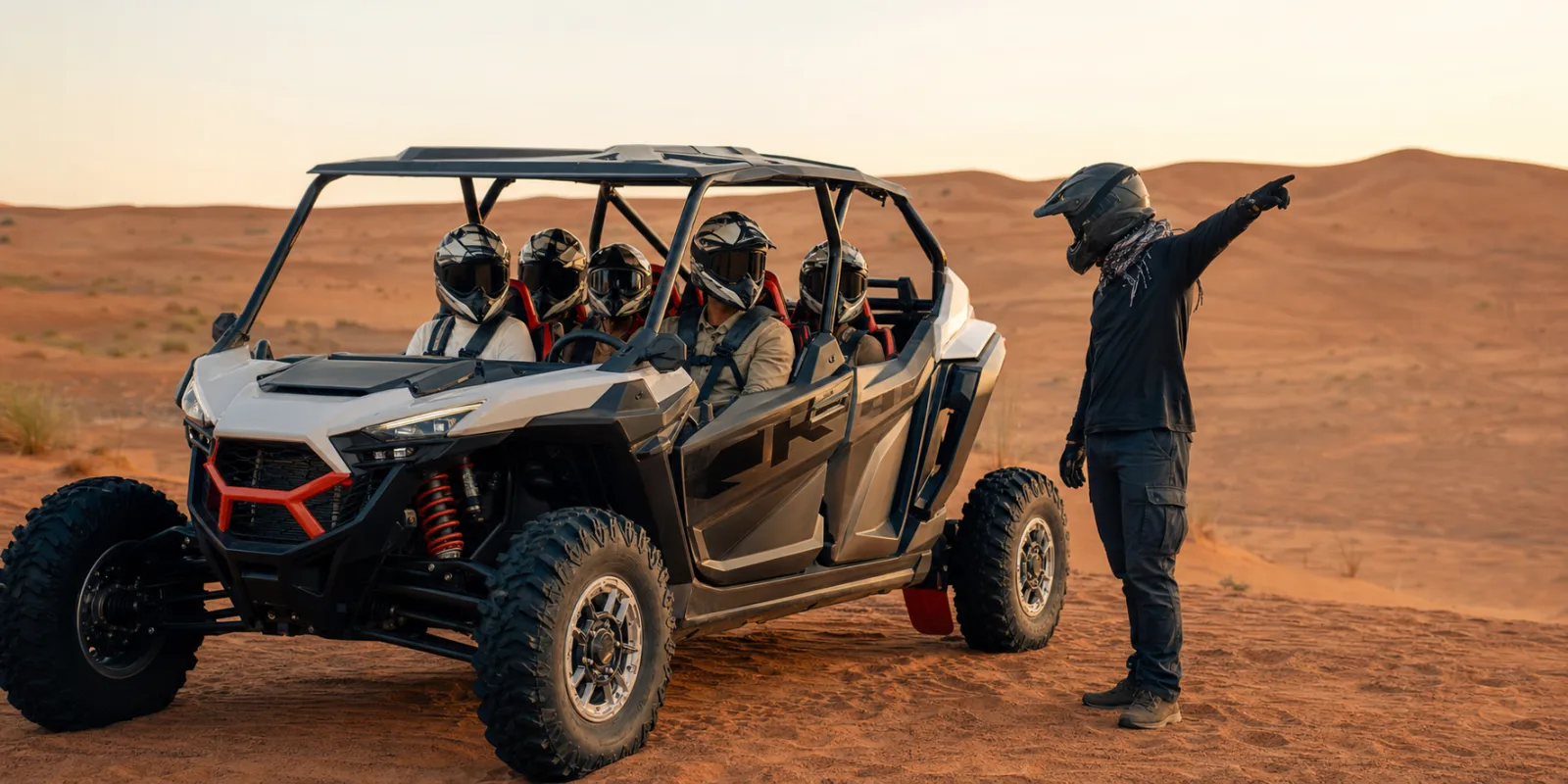 Family dune buggy Dubai morning ride briefing with 4-seat buggy in Lahbab Desert