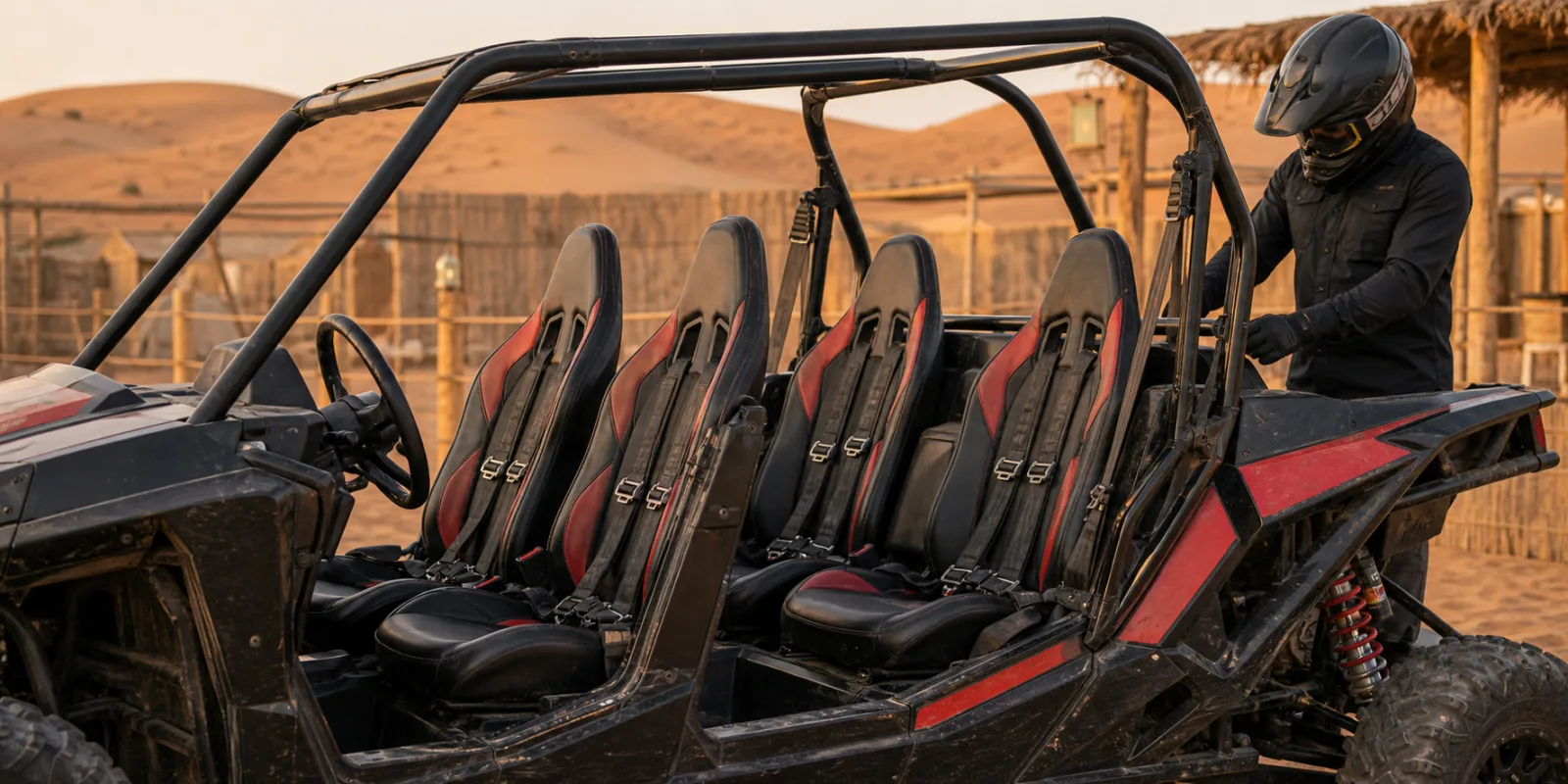 Family dune buggy seats and harnesses prepared before a Dubai desert ride