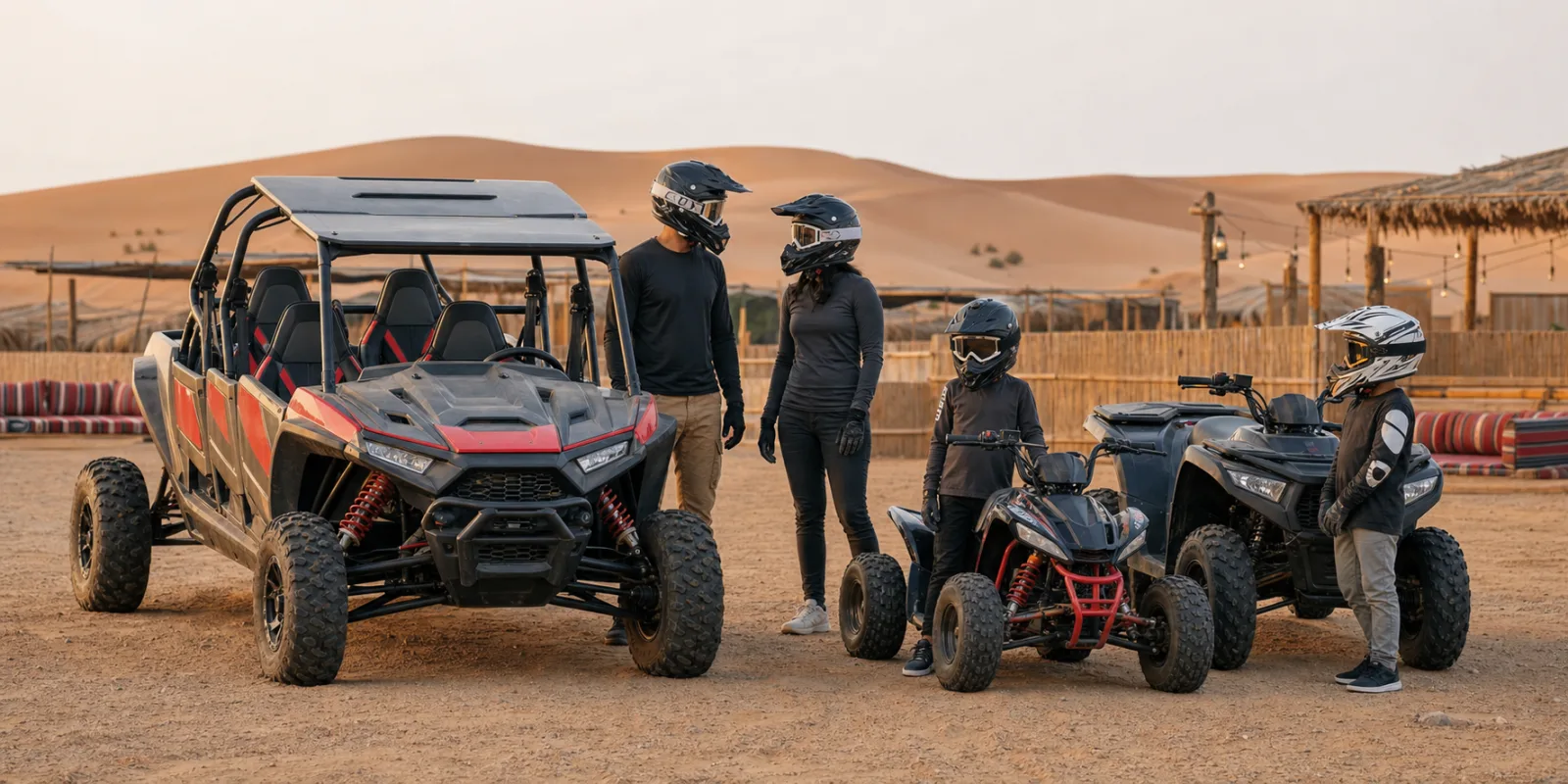 Family comparing a four-seat dune buggy and kids quad bike at Lahbab desert camp Dubai
