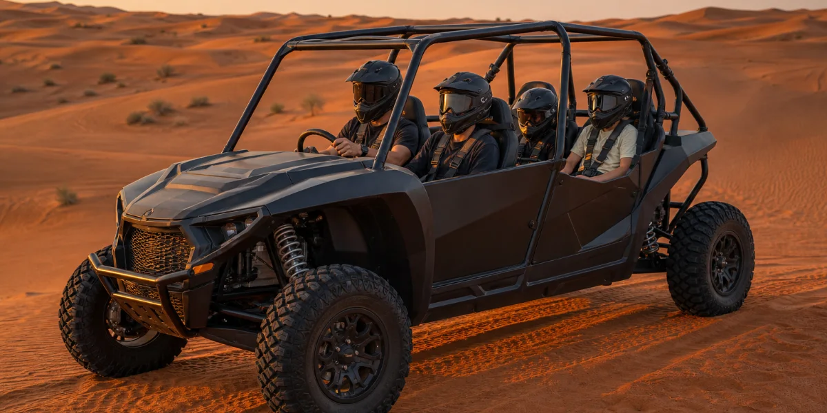 Four-seat dune buggy with family riders on Lahbab red dunes wearing helmets and visors down