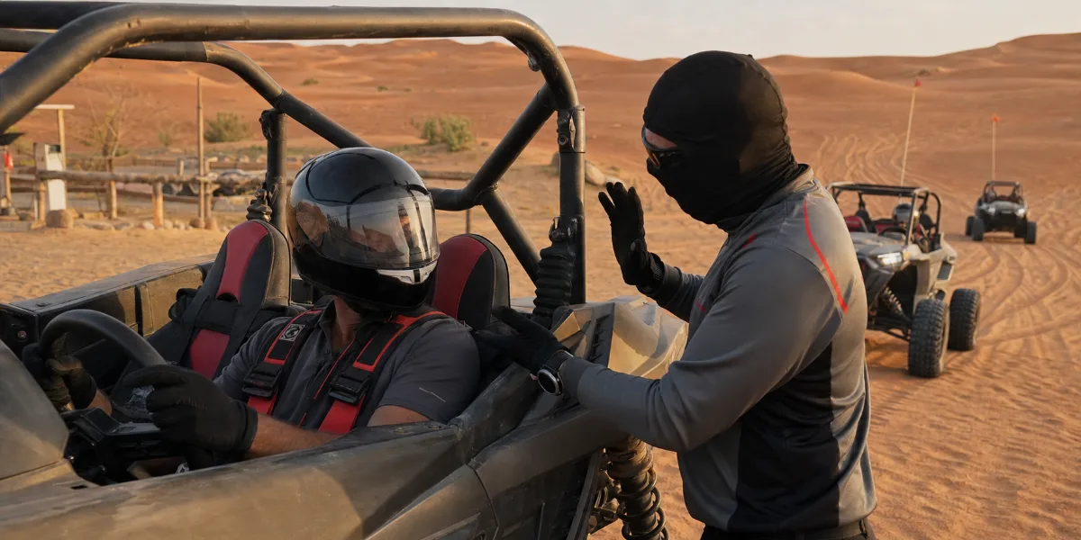 First-time dune buggy driver speaking with guide before a Lahbab Desert ride in Dubai