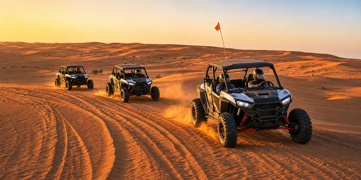 Guided dune buggy convoy crossing Lahbab red dunes in Dubai at golden hour