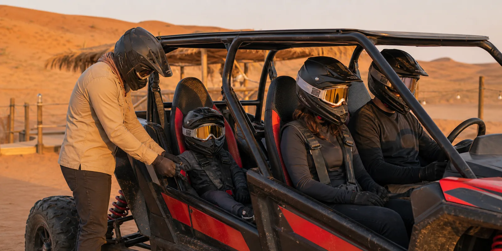 Helmeted child passenger seated safely in a family dune buggy in Dubai desert