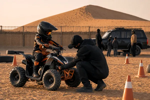 KIDS QUAD BIKE — FAMILY GUIDE Kids quad bike with helmet and safety gear at Lahbab desert camp