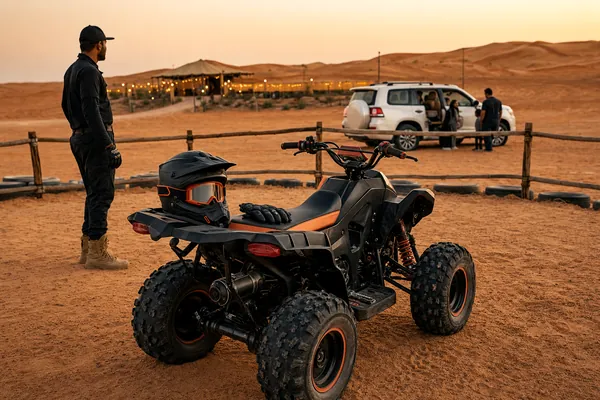 KIDS QUAD + FAMILY SAFARI Child-size quad bike and safety gear at Lahbab desert camp before a family safari