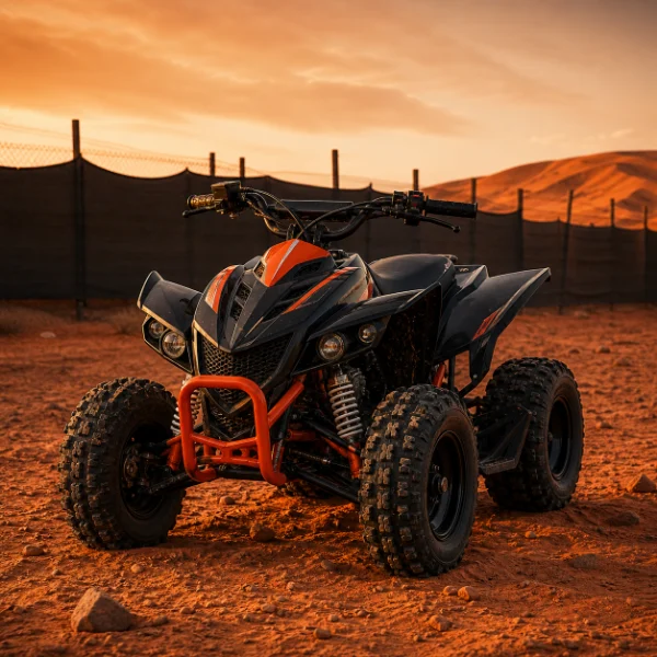 Kids Sharmax ATV 150cc Dubai Practice Area Kids Sharmax 150cc ATV parked in a fenced Lahbab Desert practice area