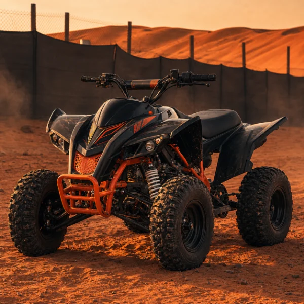 Kids Sharmax ATV 180cc Dubai Training Track Kids Sharmax 180cc ATV centered beside a Lahbab Desert training track
