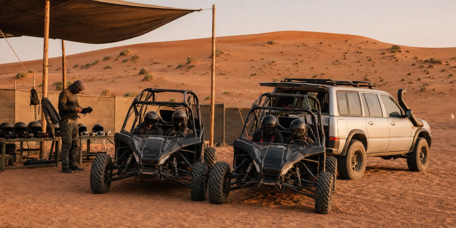 Lahbab Desert Red Dunes buggy camp with helmets lined up before a Dubai desert safari route