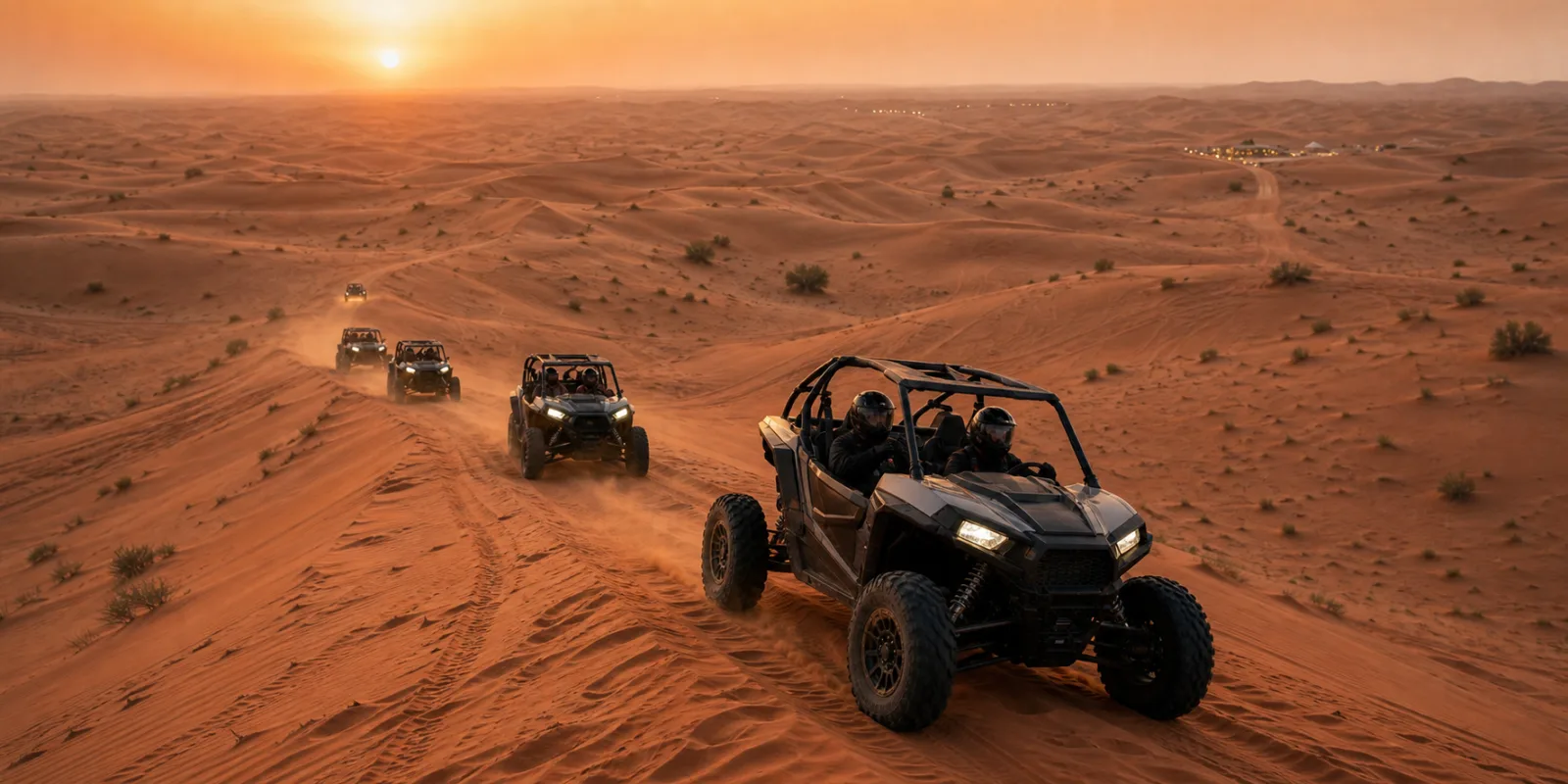 Dune buggy desert safari Dubai route crossing Lahbab red dunes before camp