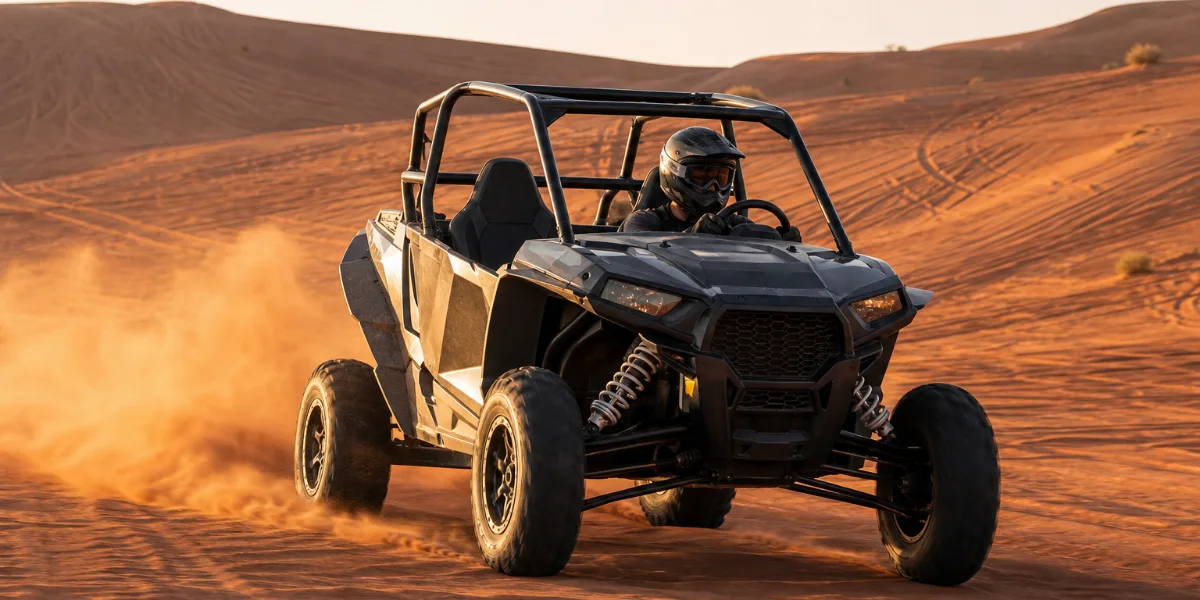Polaris RZR 1000cc dune buggy on Lahbab red dunes with driver wearing helmet and visor down