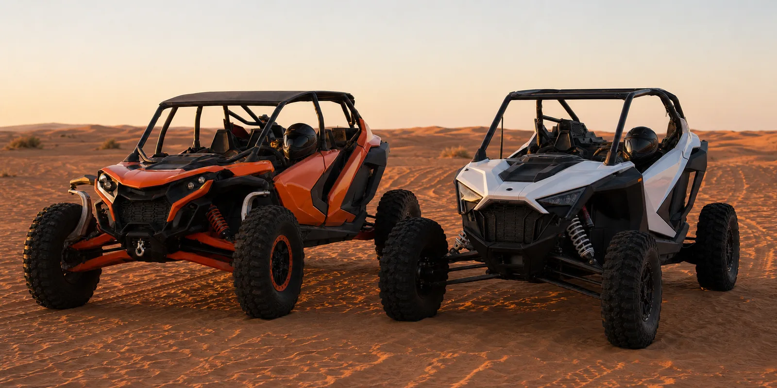 Polaris and Can-Am dune buggies side by side on red desert sand near Dubai