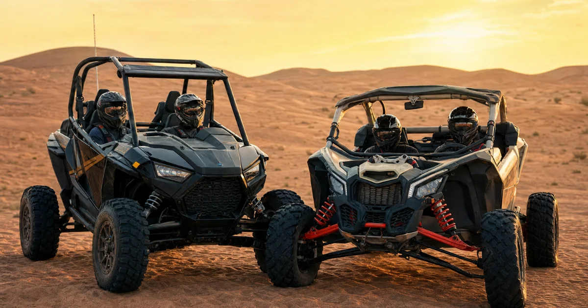 Polaris RZR and Can-Am dune buggies parked side by side on Lahbab red dunes at golden hour