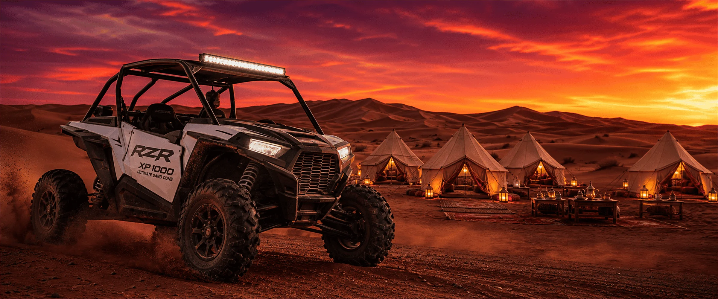 Polaris RZR XP 1000 dune buggy at a Lahbab Desert safari camp at sunset — premium safari and buggy combo Dubai