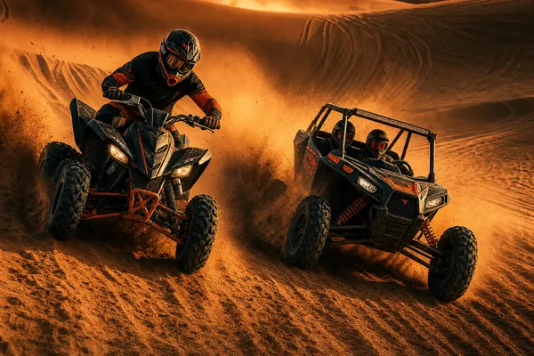 QUAD + DUNE BUGGY Quad bike and dune buggy riding side by side through Lahbab red dunes