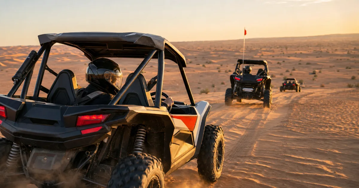 Self-drive dune buggy following a guided convoy across Lahbab Desert red dunes at golden hour