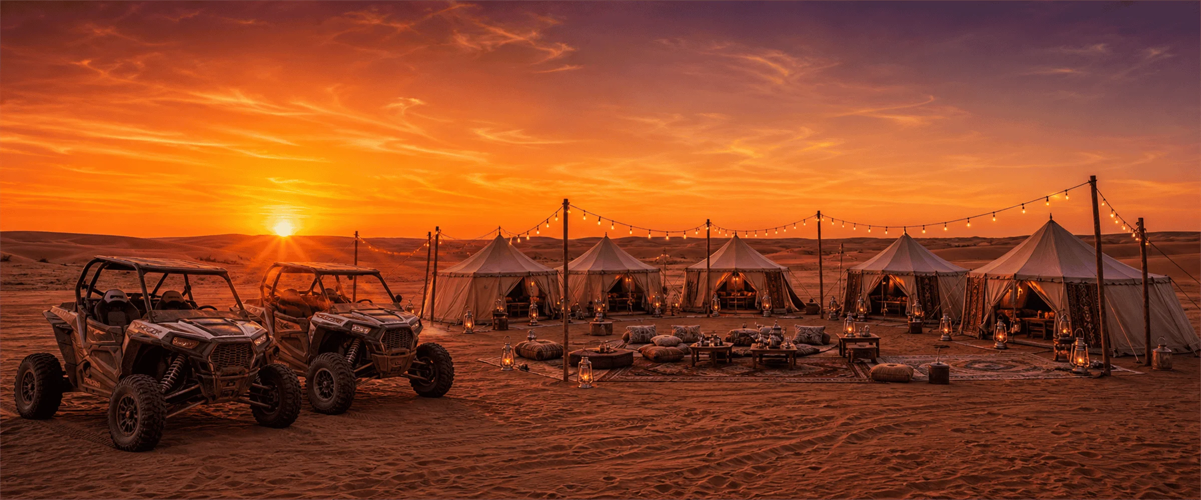 Two Polaris RZR dune buggies parked at a desert safari camp at sunset — standard safari and buggy package Dubai